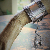 She of the Moon & Stars Antique Engraved Sterling Zodiac Cuff Cuff w/Antique Crescent Moon,Sterling Star,Marian Medal,Rock Crystal Drop