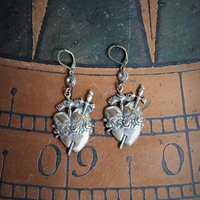 The Deeper that Sorrow Earrings w/Bronze Sacred Heart Medals,Antique Bezel Set Crystal Connectors,Bronze Earring Wires