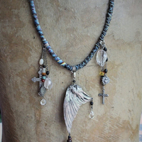 Find Your Way Home Necklace w/Antique Kantha Textile,Silver Bird Wing,Persevere Cross,Faceted Rock Quartz Nuggets,Sacred Heart Medal++