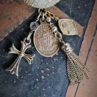 Amazing Wide Sterling Vermeil Pave Diamante Ring w/Antique French Medals,Tiny Gold Fill Tassel,Antique Bezel Set Crystal,Puffy Cross