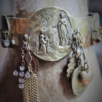 The Apparition Cuff Bracelet w/Antique French Benitier Marian Medal,Rare Antique Manger Scene Medal,Antique Prong Set Rhinestone Cross