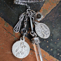 Antique Faceted Cut Steel Bead 12 Coil Ring w/Antique French Medals,Sterling Capped Crystal Point,Antique Faceted Crystal Drops