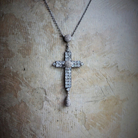 Large Rare Antique Sterling Georgian Black Dot Paste Cross Necklace w/Antique Sterling Star Punched Dome & Tear Drop ++