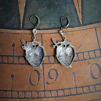 The Deeper that Sorrow Earrings w/Bronze Sacred Heart Medals,Antique Bezel Set Crystal Connectors,Bronze Earring Wires