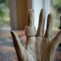 Amazing Wide Sterling Vermeil Pave Diamante Ring w/Antique French Medals,Tiny Gold Fill Tassel,Antique Bezel Set Crystal,Puffy Cross