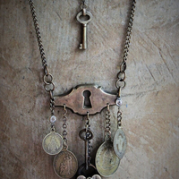 He Made the Key Necklace w/Tiny Antique Padlock & Original Key,Antique Keyhole Finding,Antique French Medals,Antique Muff Chain Crystals+ 