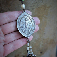 Rare Faceted Almandine Garnet Necklace with Exceptional Antique Marian Medal, Antique Sterling Angel Wing, French Engraved "Fill my Heart with your Love" Cross & More!