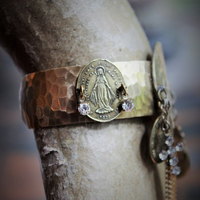 The Apparition Cuff Bracelet w/Antique French Benitier Marian Medal,Rare Antique Manger Scene Medal,Antique Prong Set Rhinestone Cross