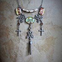 Ave Maria Necklace w/French Caron Freres Scrolled Initials AM Medals,Beveled Glass Connectors,French Crosses,Unique Fabric Finding