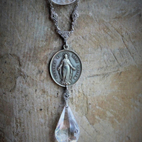 Mother Mary Necklace w/Antique Etched Rock Crystal Beads,Rare Sculptural Marian Medal,Antique Sterling Marcasite Connector,Faceted Glass Drop