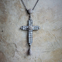 Large Rare Antique Sterling Georgian Black Dot Paste Cross Necklace w/Antique Sterling Star Punched Dome & Tear Drop ++