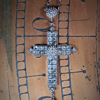 Large Rare Antique Sterling Georgian Black Dot Paste Cross Necklace w/Antique Sterling Star Punched Dome & Tear Drop ++