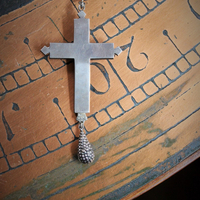 Large Rare Antique Sterling Georgian Black Dot Paste Cross Necklace w/Antique Sterling Star Punched Dome & Tear Drop ++