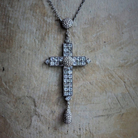 Large Rare Antique Sterling Georgian Black Dot Paste Cross Necklace w/Antique Sterling Star Punched Dome & Tear Drop ++