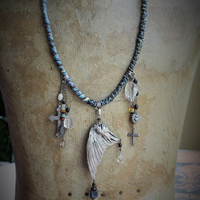 Find Your Way Home Necklace w/Antique Kantha Textile,Silver Bird Wing,Persevere Cross,Faceted Rock Quartz Nuggets,Sacred Heart Medal++