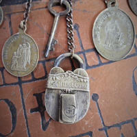 He Made the Key Necklace w/Tiny Antique Padlock & Original Key,Antique Keyhole Finding,Antique French Medals,Antique Muff Chain Crystals+ 