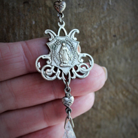 Antique French Marian Necklace w/RARE Tiny Antique 1800's French Metal Sequin Chain,Sacred Heart Connectors,Antique Crystal Tear Drop