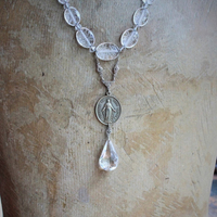 Mother Mary Necklace w/Antique Etched Rock Crystal Beads,Rare Sculptural Marian Medal,Antique Sterling Marcasite Connector,Faceted Glass Drop