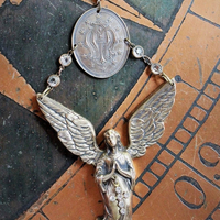 If I Listen Necklace w/Cast Bronze Winged Angel & Scrolled initials AM Medal,Antique Bezel Set Crystal Connectors,Vintage Link Chain