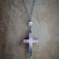 RESERVED FOR E RARE Antique French Sterling Engraved Reliquary Cross Necklace w/Antique Faceted Bezel Set Rock Crystal Connector & Sterling Rolo Chain