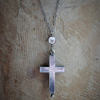 RARE Antique French Sterling Engraved Reliquary Cross Necklace w/Antique Faceted Bezel Set Rock Crystal Connector & Sterling Rolo Chain