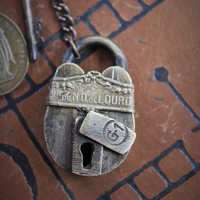 He Made the Key Necklace w/Tiny Antique Padlock & Original Key,Antique Keyhole Finding,Antique French Medals,Antique Muff Chain Crystals+ 