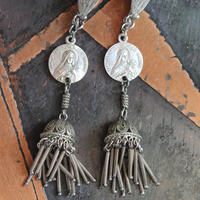 Shower of Roses Earrings w/Matching Antique French Saint Therese Medals,Antique 800 Silver Tassels and Findings