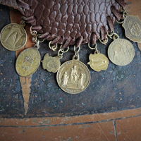 The Power & Life Bracelet w/Antique Leather Wrist Pouch, Antique French Penin Sacred Heart of Jesus Medal,Flaming Sacred Heart Medal++