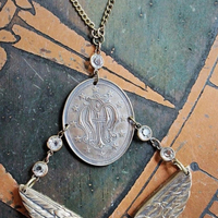 If I Listen Necklace w/Cast Bronze Winged Angel & Scrolled initials AM Medal,Antique Bezel Set Crystal Connectors,Vintage Link Chain