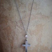 RARE Antique French Sterling Engraved Reliquary Cross Necklace w/Antique Faceted Bezel Set Rock Crystal Connector & Sterling Rolo Chain