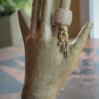 Amazing Wide Sterling Vermeil Pave Diamante Ring w/Antique French Medals,Tiny Gold Fill Tassel,Antique Bezel Set Crystal,Puffy Cross