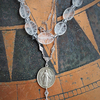 Mother Mary Necklace w/Antique Etched Rock Crystal Beads,Rare Sculptural Marian Medal,Antique Sterling Marcasite Connector,Faceted Glass Drop
