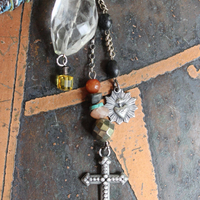 Find Your Way Home Necklace w/Antique Kantha Textile,Silver Bird Wing,Persevere Cross,Faceted Rock Quartz Nuggets,Sacred Heart Medal++