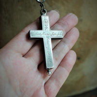 RARE Antique French Sterling Engraved Reliquary Cross Necklace w/Antique Faceted Bezel Set Rock Crystal Connector & Sterling Rolo Chain