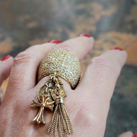 Amazing Wide Sterling Vermeil Pave Diamante Ring w/Antique French Medals,Tiny Gold Fill Tassel,Antique Bezel Set Crystal,Puffy Cross