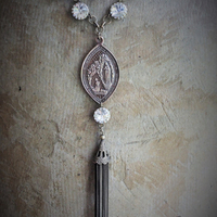 Sold to S The Apparition Necklace Set w/Rare Antique French Sculptural Bronze Marian Apparition Medal,Vintage Rivoli Crystal Chain,Antique Tassel