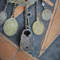 He Made the Key Necklace w/Tiny Antique Padlock & Original Key,Antique Keyhole Finding,Antique French Medals,Antique Muff Chain Crystals+ 