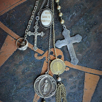 The Guardian Necklace w/Antique French Sterling Child Jesus Medal,1878 Virgin Medal,Rare Engraved Sodality Cross,Antique Child's Ring++