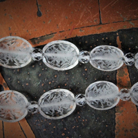Mother Mary Necklace w/Antique Etched Rock Crystal Beads,Rare Sculptural Marian Medal,Antique Sterling Marcasite Connector,Faceted Glass Drop