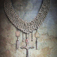 Crocheted Chain Necklace w/RARE Antique French Gold Sacred Heart Jeannette Cross,Matching Antique Crowned SH Medals,Antique Tassels