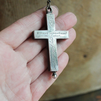 RARE Antique French Sterling Engraved Reliquary Cross Necklace w/Antique Faceted Bezel Set Rock Crystal Connector & Sterling Rolo Chain