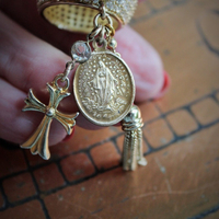 Amazing Wide Sterling Vermeil Pave Diamante Ring w/Antique French Medals,Tiny Gold Fill Tassel,Antique Bezel Set Crystal,Puffy Cross