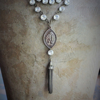 Sold to S The Apparition Necklace Set w/Rare Antique French Sculptural Bronze Marian Apparition Medal,Vintage Rivoli Crystal Chain,Antique Tassel