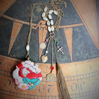 Remember Necklace Set w/Antique Mirrored Compact,Rare Antique French Medals,Antique French Mother of Pearl Rosary Beads,Chain Tassel ++