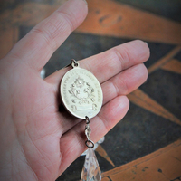 Mother Mary Necklace w/Antique Etched Rock Crystal Beads,Rare Sculptural Marian Medal,Antique Sterling Marcasite Connector,Faceted Glass Drop