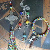 Work, Honesty, Devotion, Purity Necklace & Bracelet Set w/Amazing 1899 Sacred Heart 4 Way Cross,Antique Seed Bead Connectors,4 Sterling Crosses++