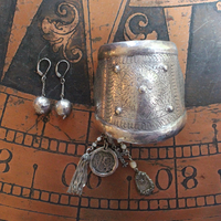 Antique Wide Sterling Engraved & Hammered Cuff Bracelet & Earring Set with Antique Medals,Sterling Tassel,Antique Sterling Cross