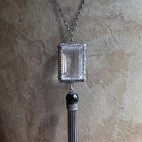 RARE Large Step Faceted Original Nippon Rock Crystal Pendant with Antique Sterling & Onyx Chain & Tassel