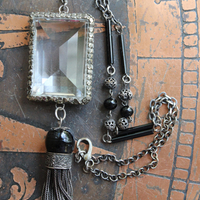 RARE Large Step Faceted Original Nippon Rock Crystal Pendant with Antique Sterling & Onyx Chain & Tassel