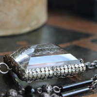 RARE Large Step Faceted Original Nippon Rock Crystal Pendant with Antique Sterling & Onyx Chain & Tassel